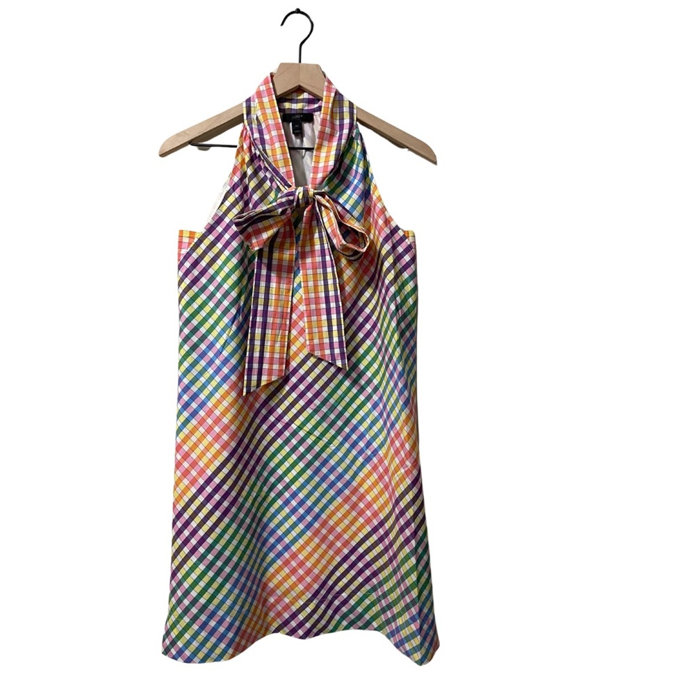 J. Crew Gingham Rainbow Picnic Bow Tie Dress Size 00